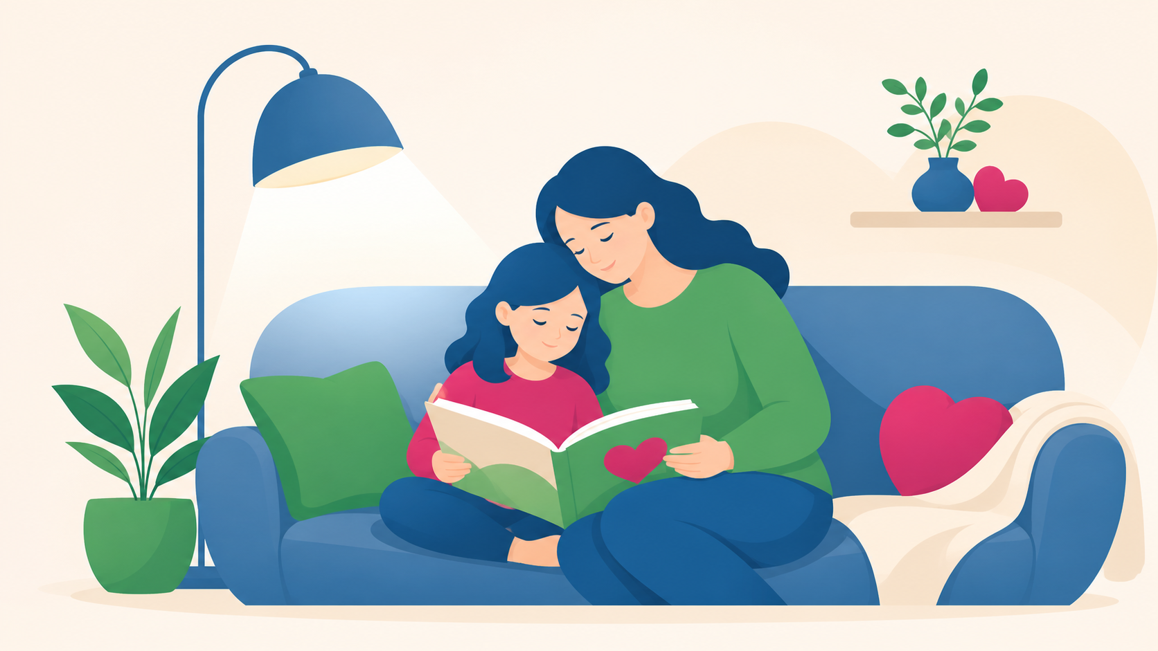 An empathetic parent and a young child sitting side-by-side on a clean, soft, minimalist sofa.