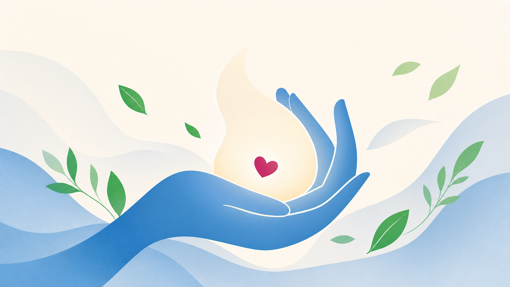 A deeply serene, abstract, low-stimulus scene featuring a gentle pair of hands carefully holding and cradling a soft, glowing, warm golden light shape.