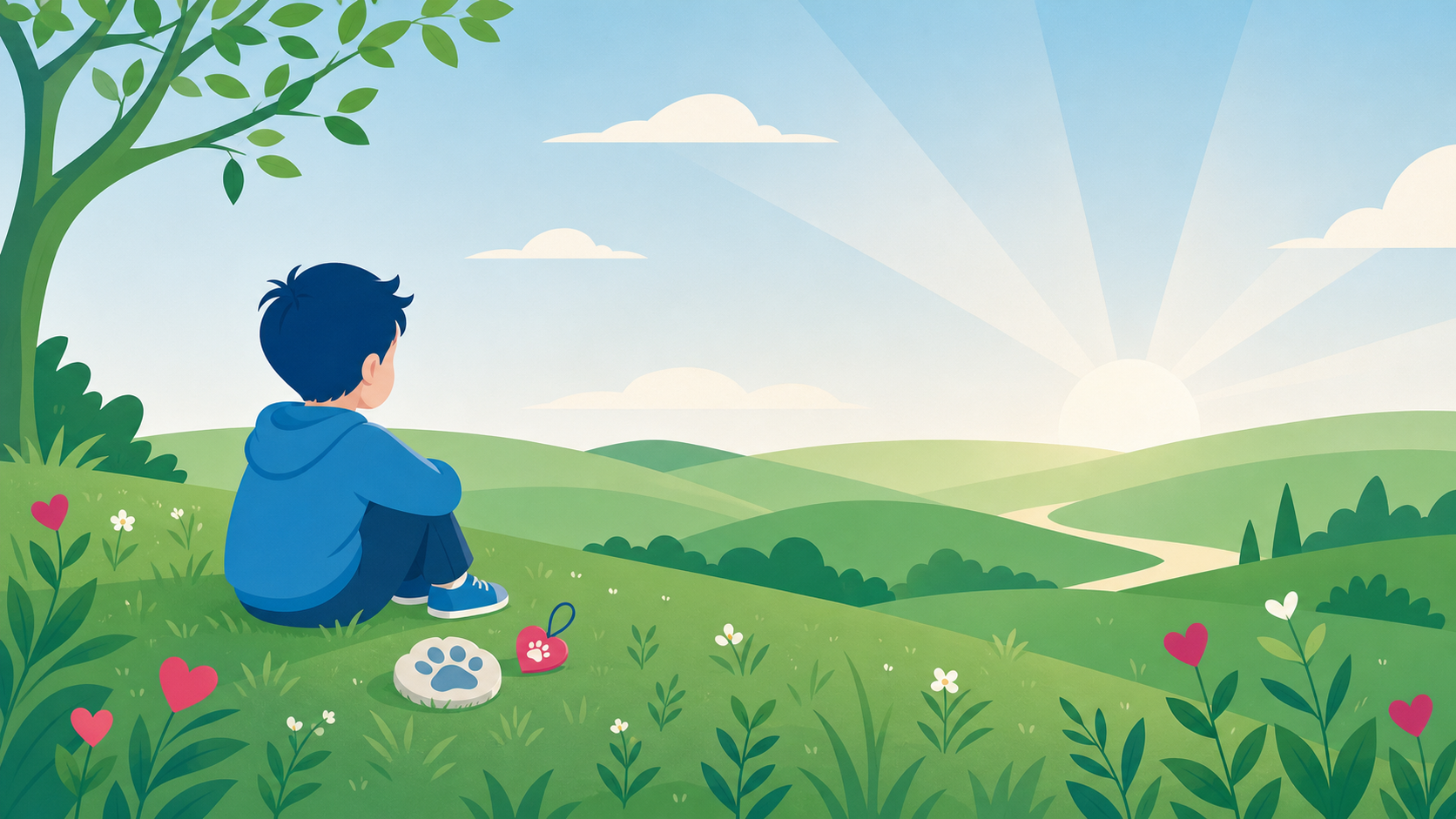 An open, peaceful countryside park meadow under a soft, clear sky. A young child is sitting calmly on a gentle grassy hill, looking out toward a bright, rising sun on the horizon.
