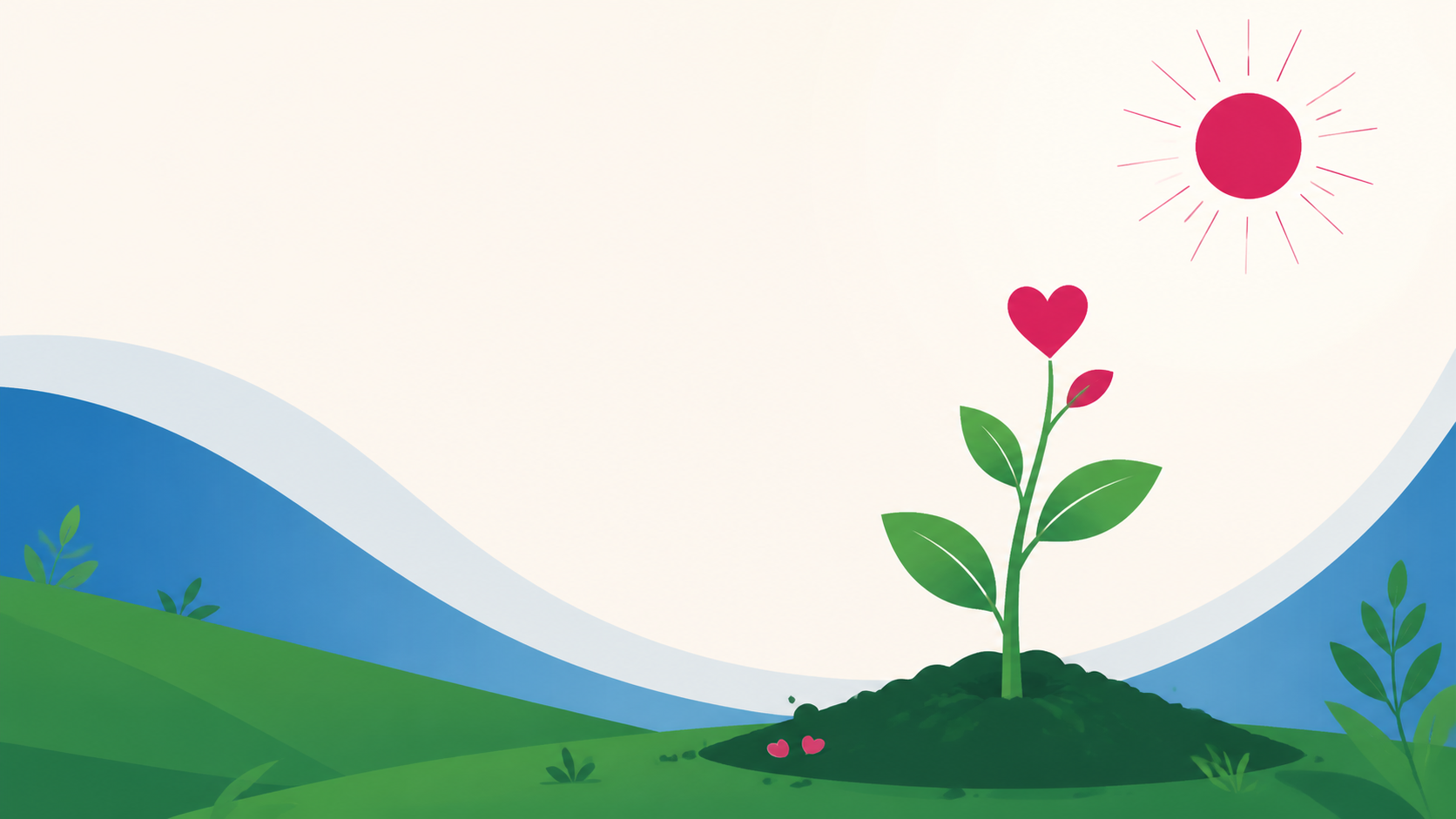 A beautiful, growth-oriented scene showing a young green sprout blooming safely out of rich, structured soil, reaching upward toward a simple, soft geometric sun shape in a clear sky.