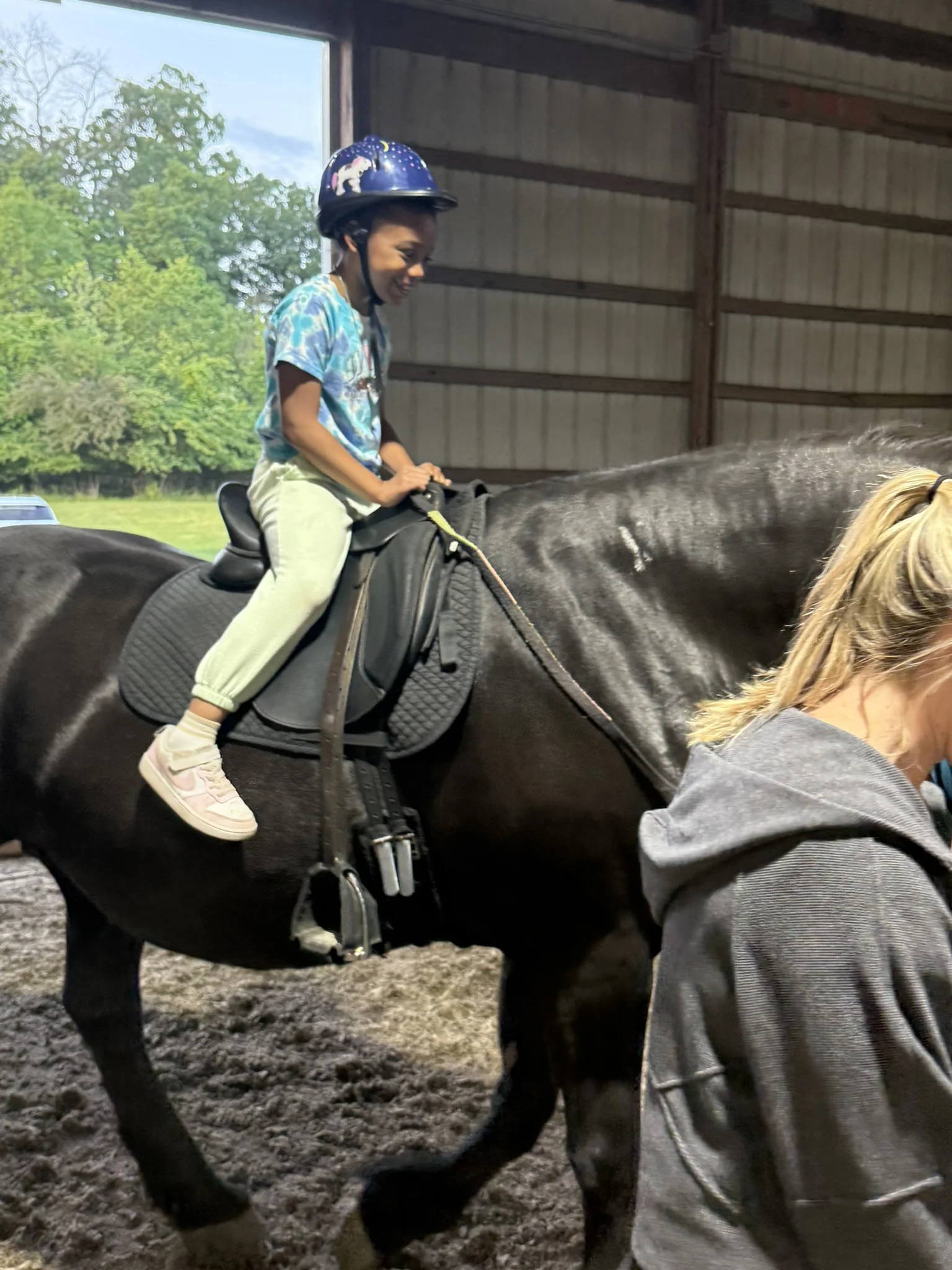 A Hands Holding Hearts family spending time with the therapy horses at Special Equestrians