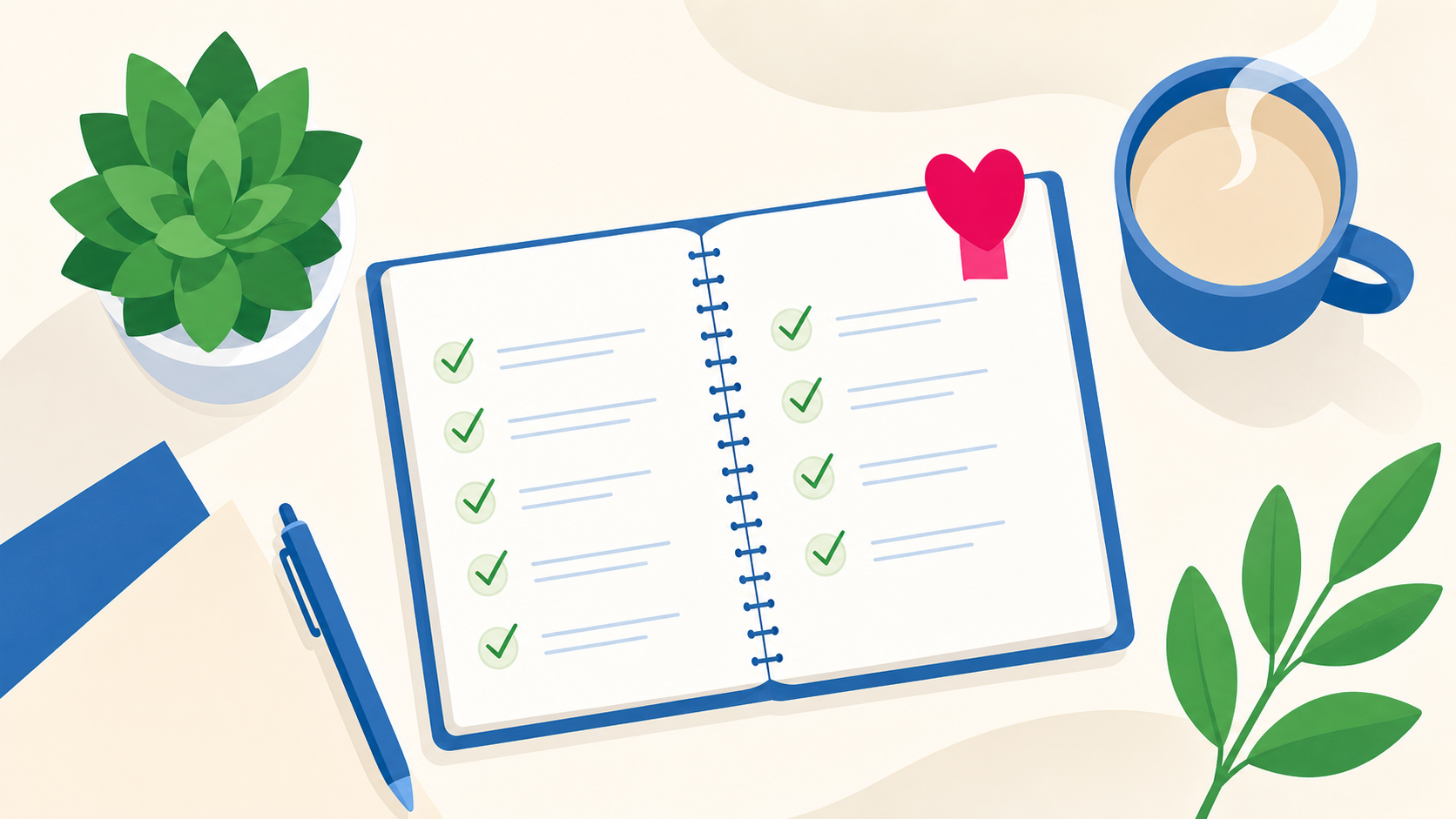 An organized, top-down desktop view featuring a clean, open minimalist checklist notebook with simple checkmarks, a small green potted succulent plant, and a warm, softly steaming mug.