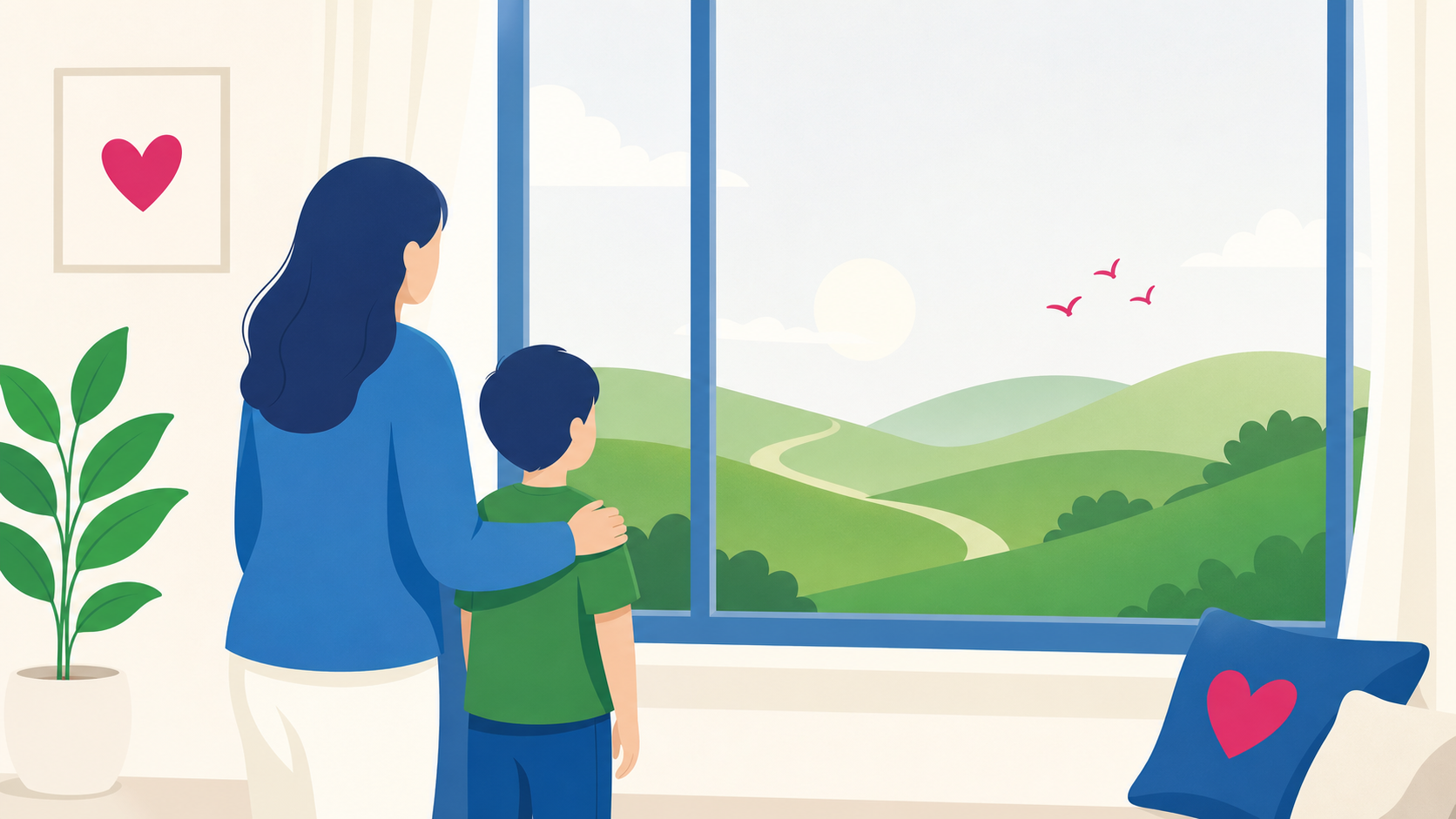 A supportive, gentle adult and a young child standing side-by-side near a bright, clean minimalist window, looking out together at a peaceful rolling green hill.
