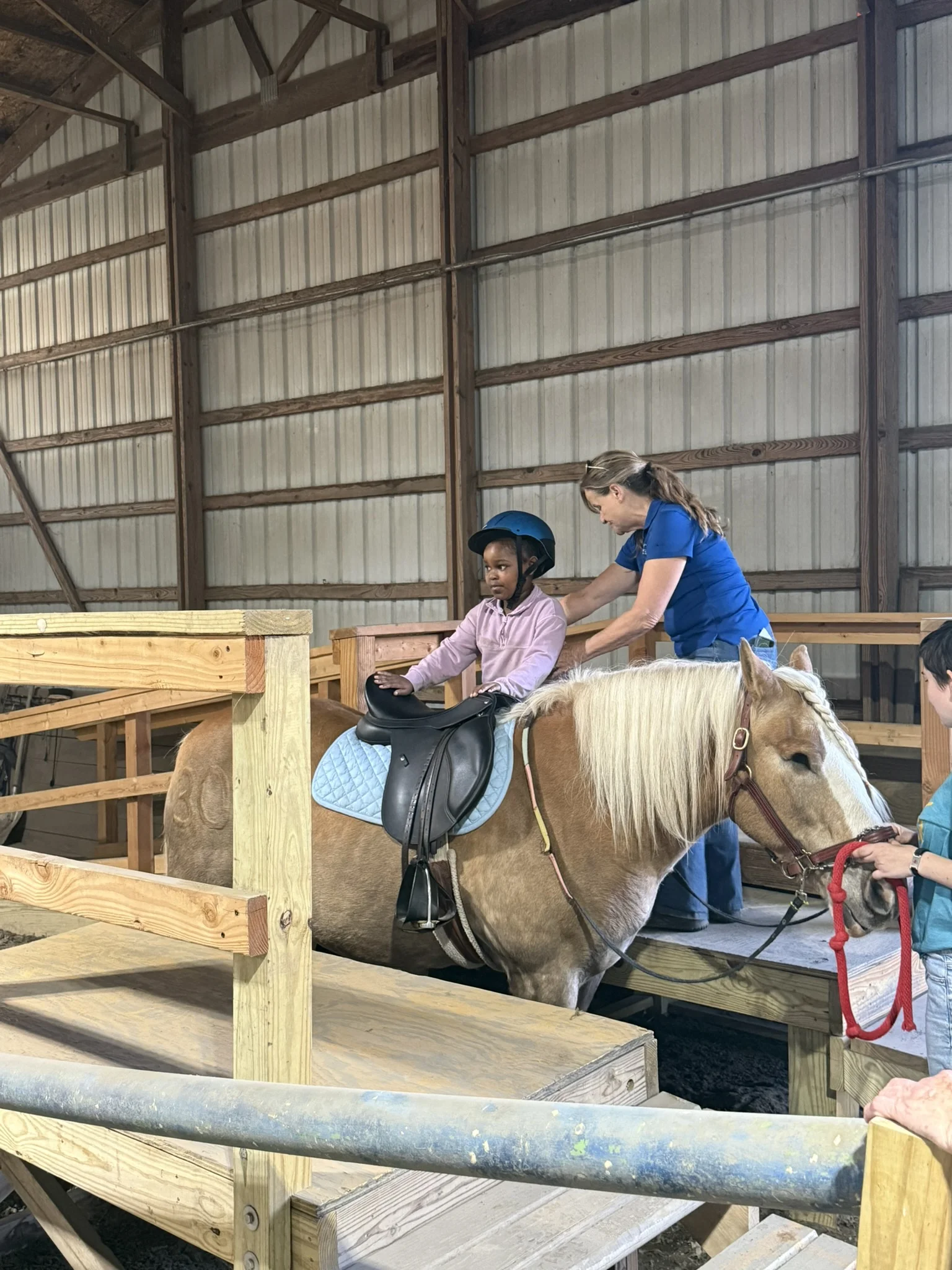 A Hands Holding Hearts family spending time with the therapy horses at Special Equestrians