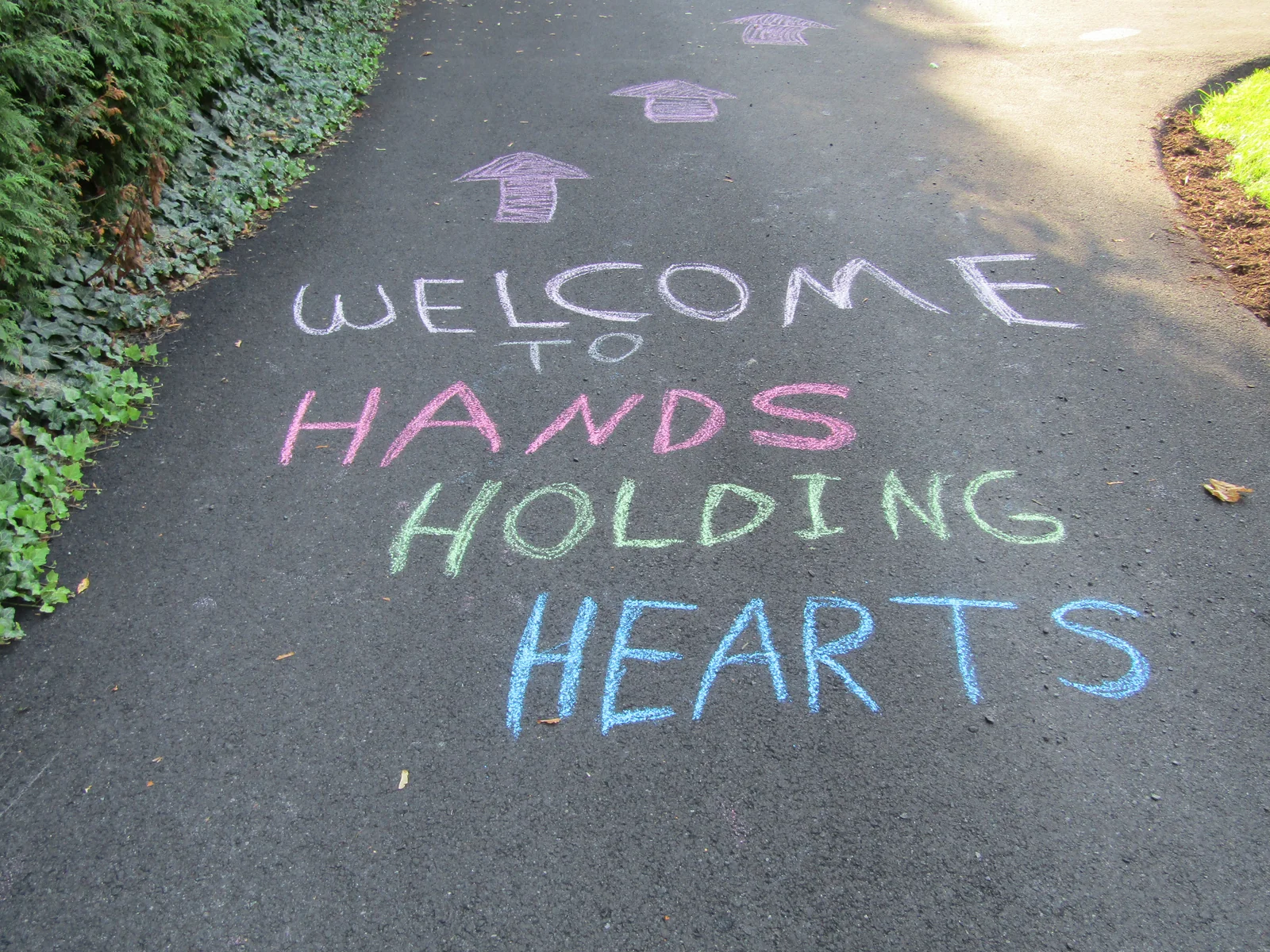 Colorful sidewalk chalk reading Welcome to Hands Holding Hearts